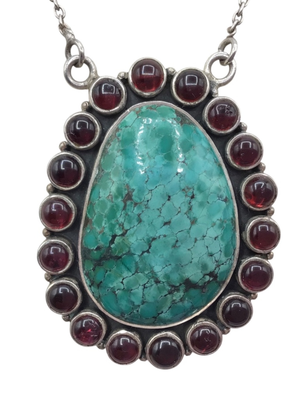 Vintage Green Turquoise Garnet Sterling Silver Necklace, 28.39g Large Statement